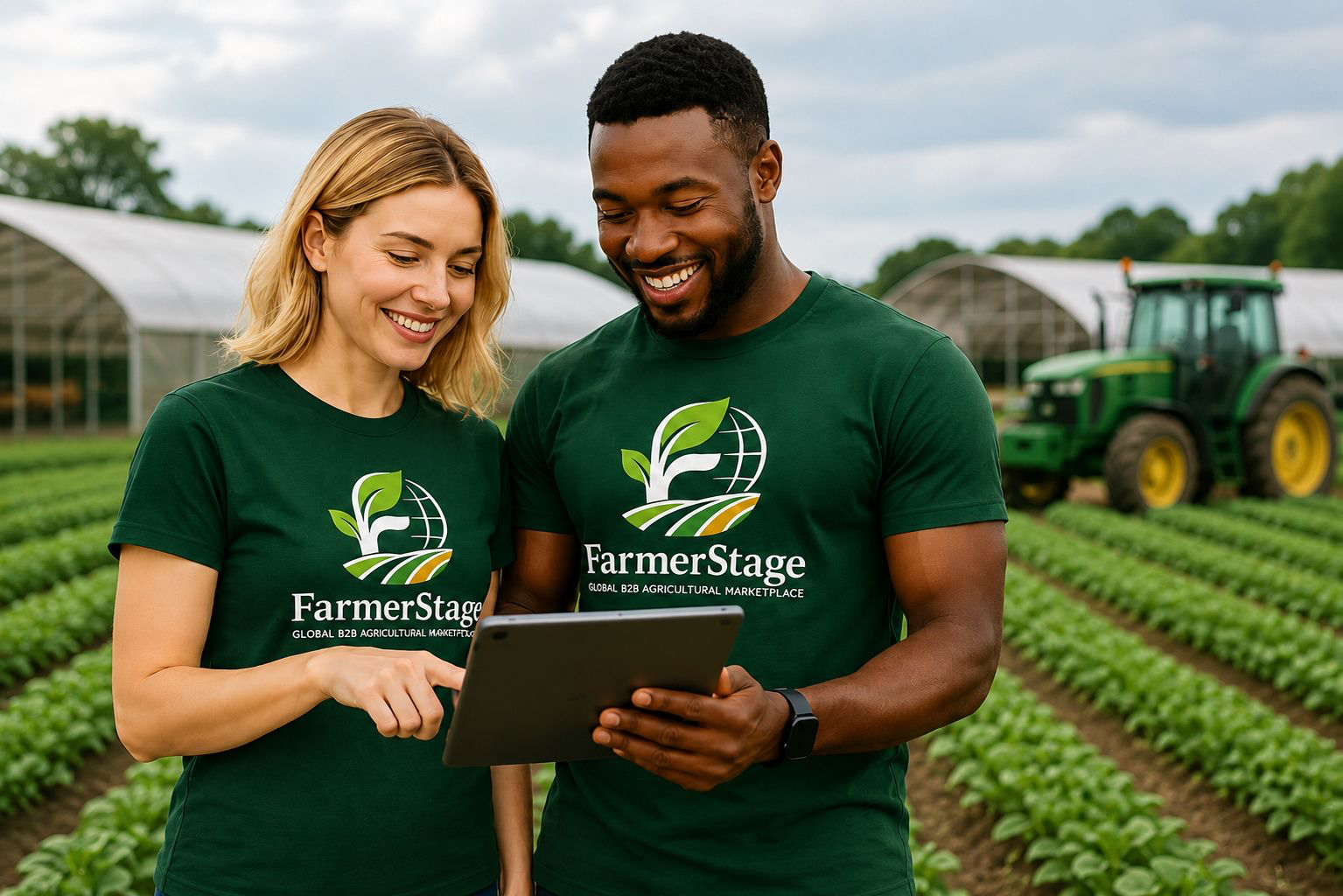Two FarmerStage representatives in branded shirts reviewing marketplace listings on a tablet beside crop rows and a tractor