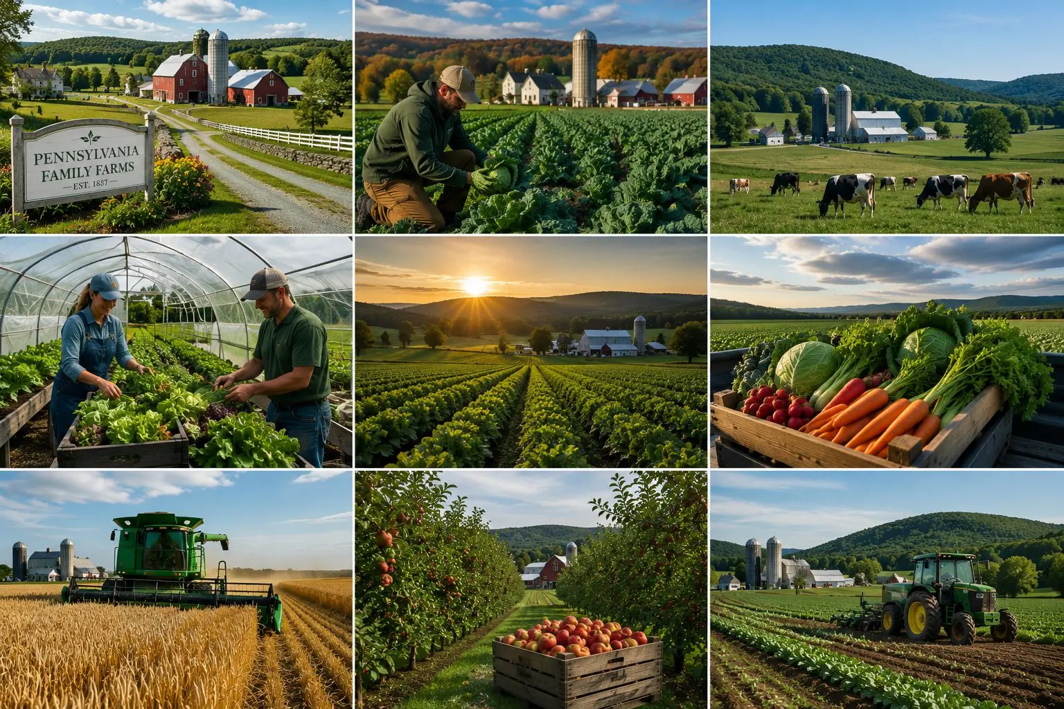 Pennsylvania family farms: barns and silos, farmers harvesting greens, dairy cattle, greenhouse growing, crop rows at sunrise, crates of fresh vegetables and apples, grain harvest and tractor field work