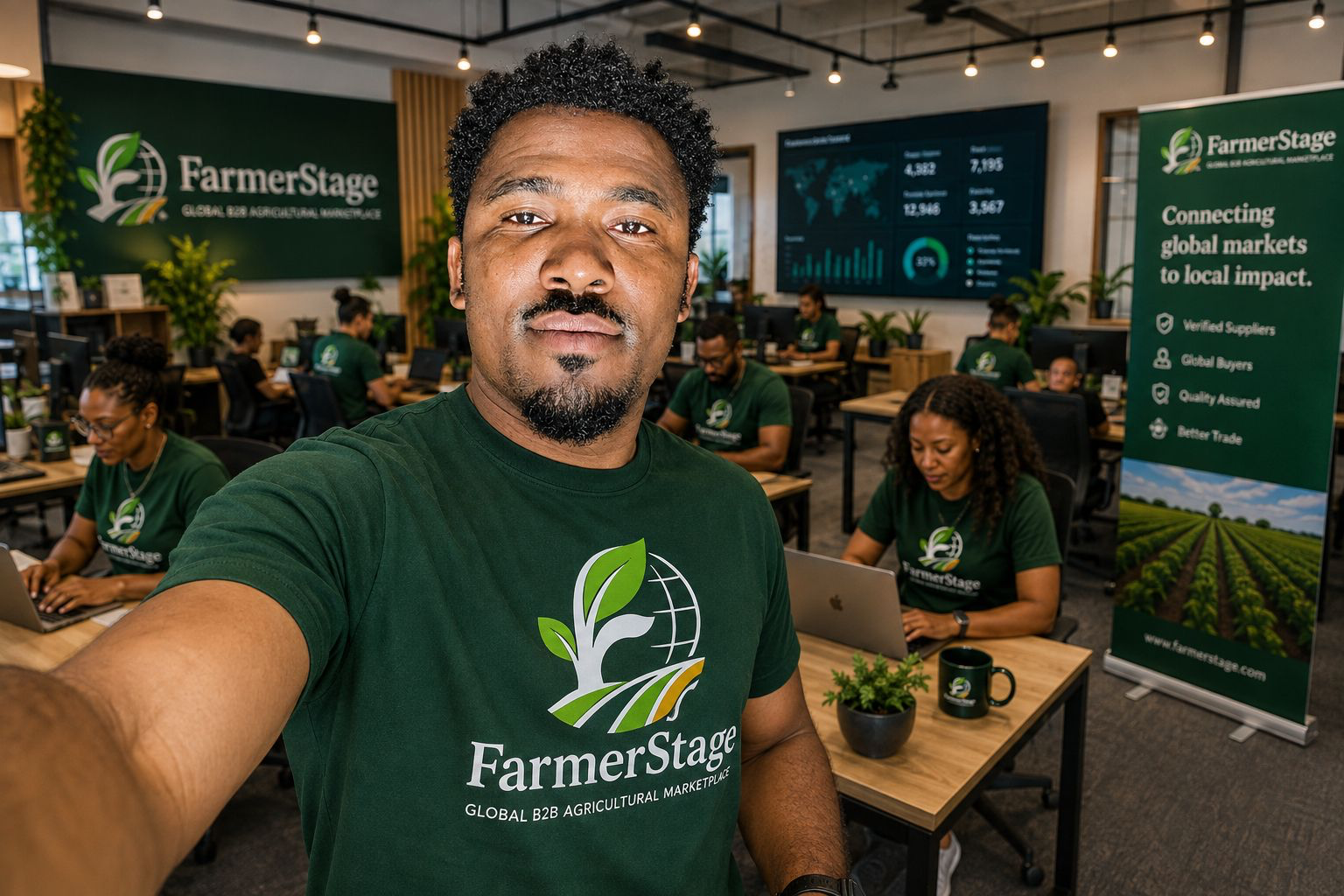 FarmerStage team member in the company office with colleagues working at their desks in the background