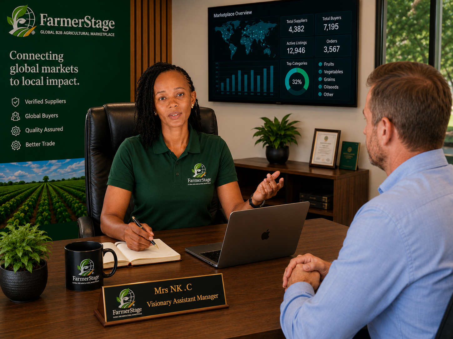 Mrs. NK C, Visionary Assistant Manager of FarmerStage, in an executive office discussion with a colleague