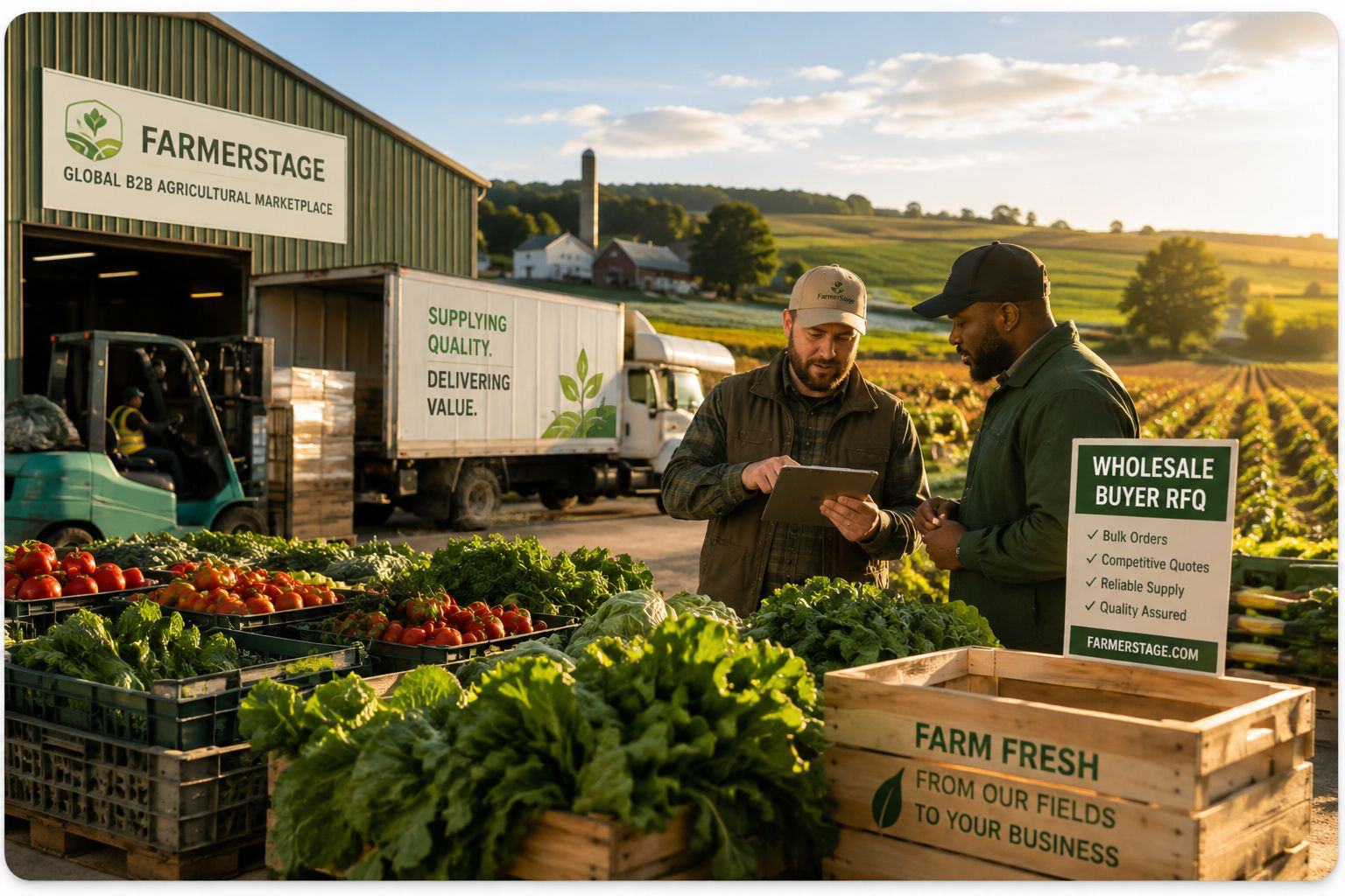 FarmerStage wholesale buyer RFQ scene at a Pennsylvania farm warehouse with fresh produce