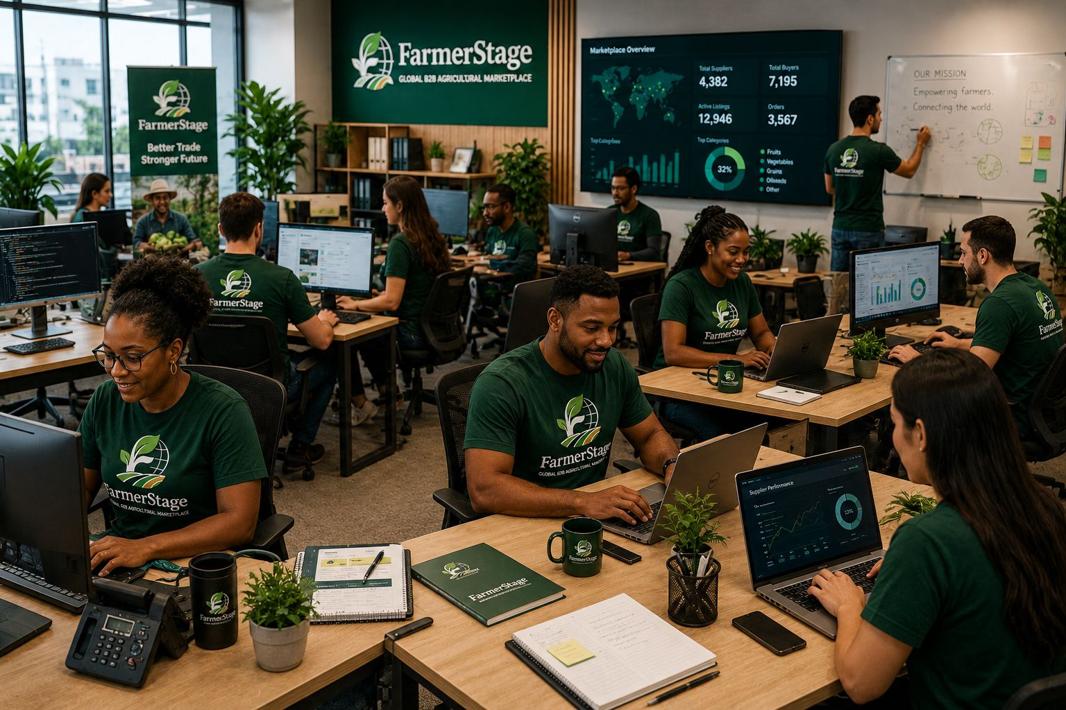 FarmerStage workstations with team members reviewing supplier performance dashboards and marketplace data