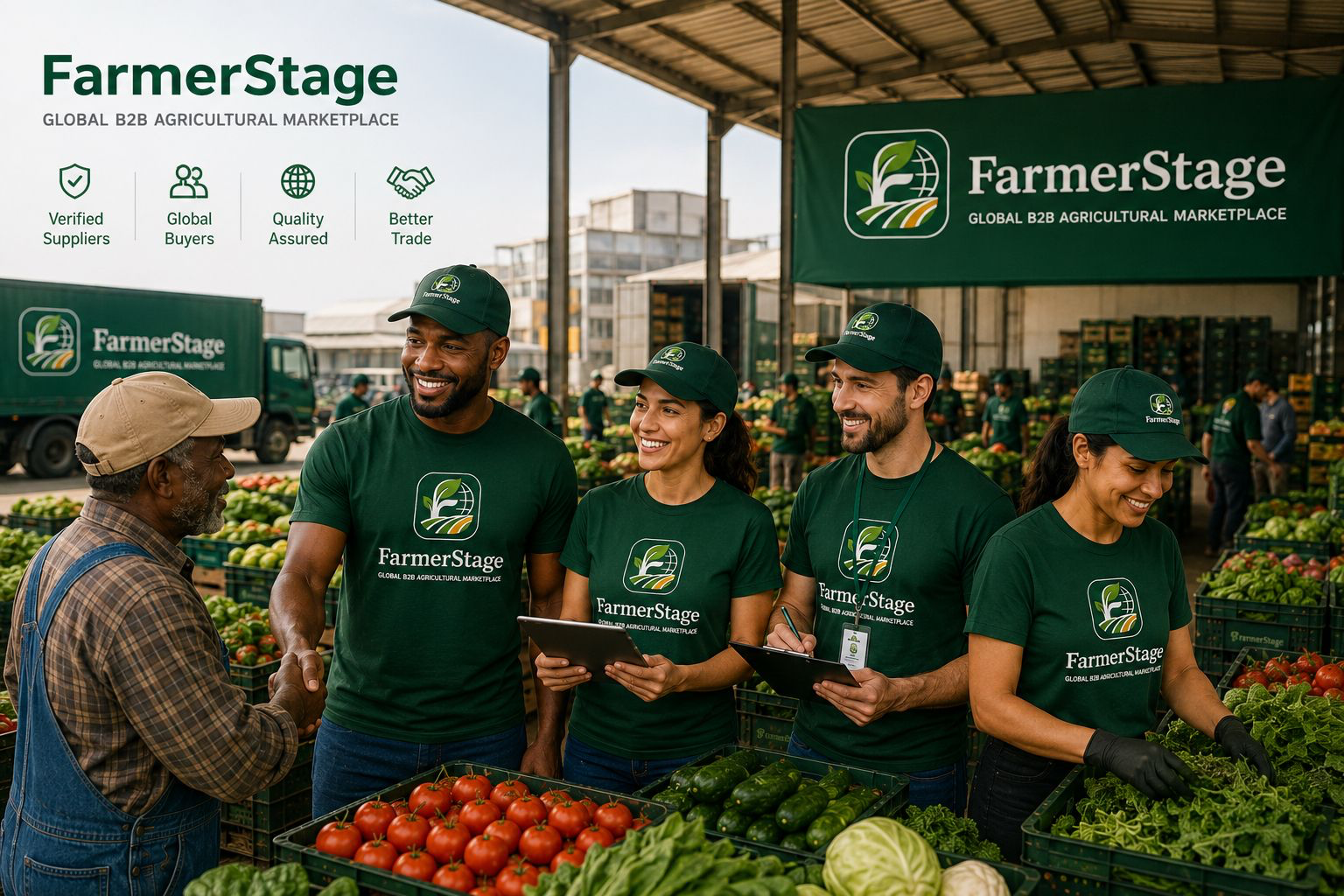 FarmerStage team members in branded shirts meeting a farmer beside crates of fresh produce at a wholesale market