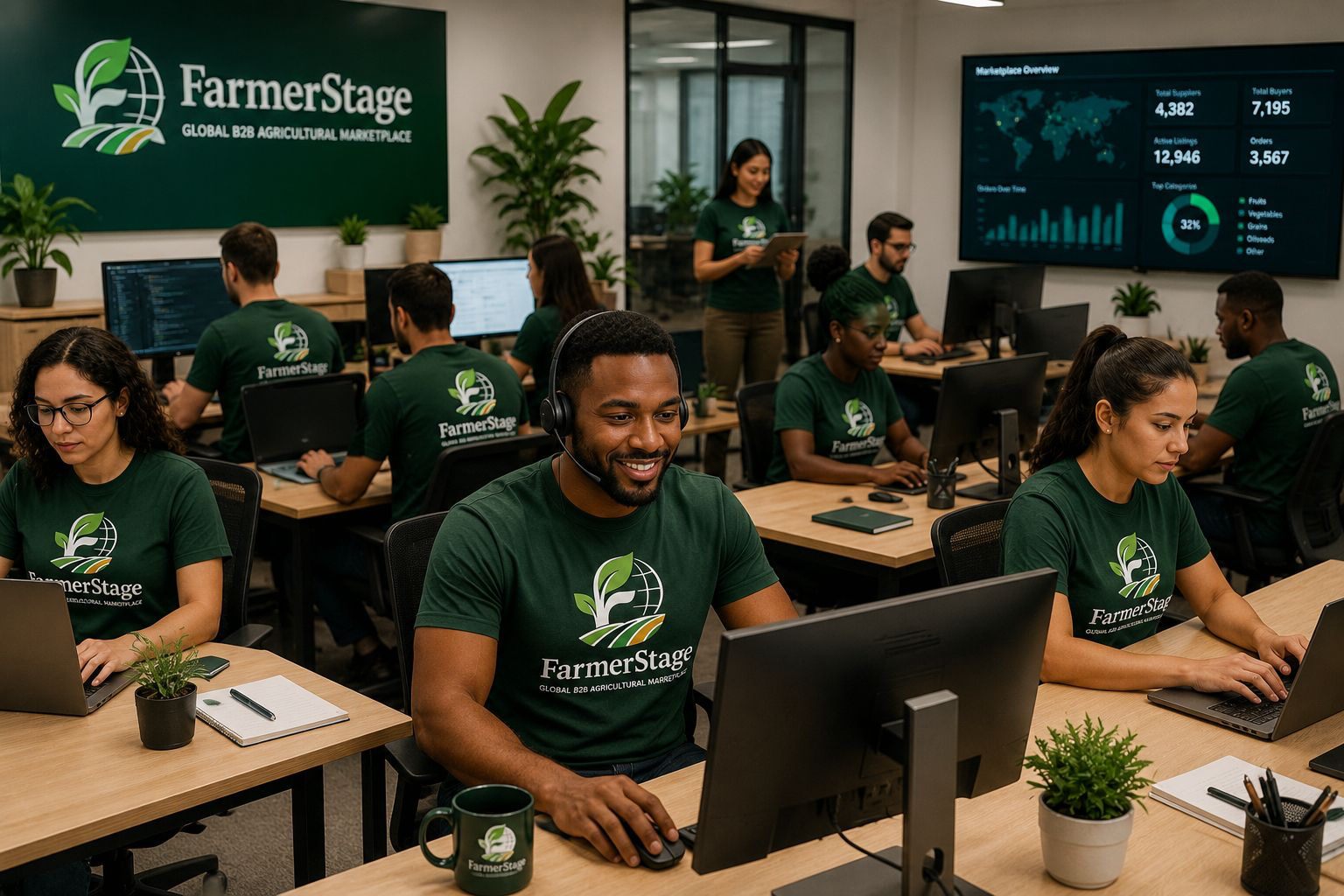 FarmerStage support team working at desks with marketplace dashboards on screen