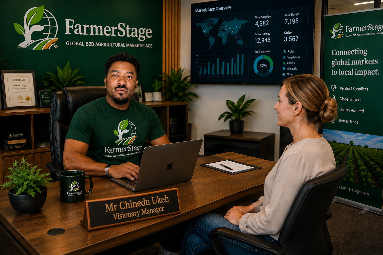 Chinedu Ukeh, Visionary Manager of FarmerStage, in an executive office meeting with a colleague