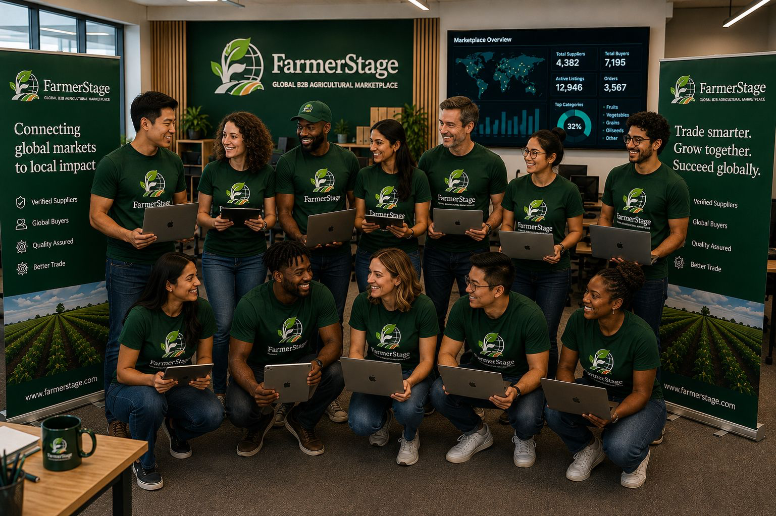Large group photograph of the FarmerStage team in official branded shirts standing between FarmerStage roll-up banners