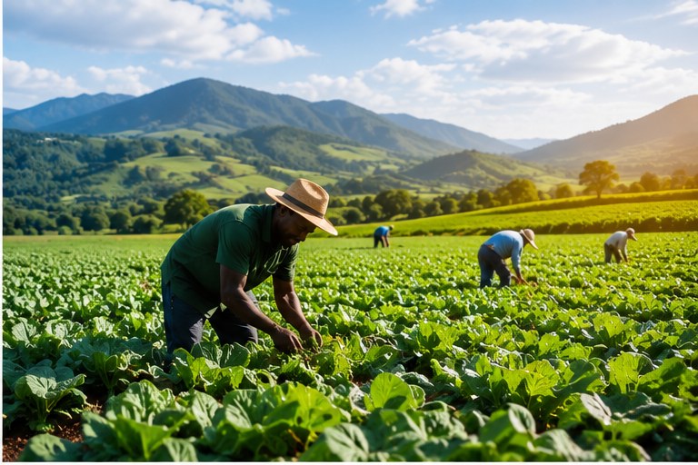 Farmers working together harvesting fresh greens on a Pennsylvania farm at sunrise
