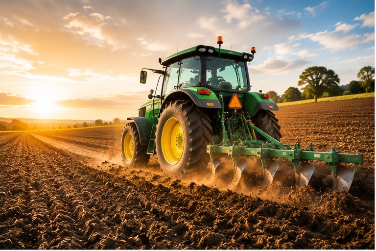 Tractor working on a large farm field at golden hour